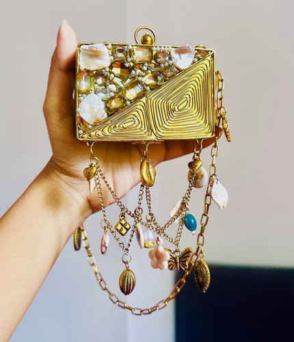 Gold metal beaded clutch - gold,
